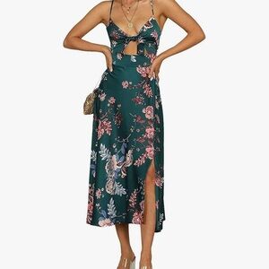 Floral Green Midi Dress with Slit